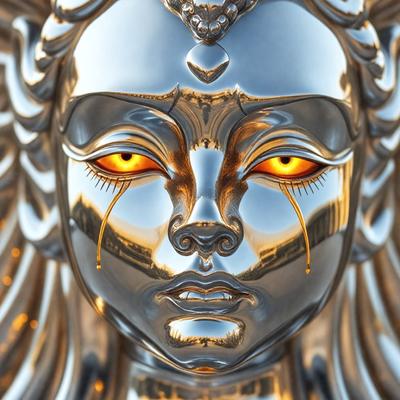 The primary subject of the image is a statue of a woman with a tear coming down her face. The statue is made of silver, giving it a shiny and reflective appearance. The setting is a room with a backdrop of a building, which adds context to the scene. The visual style is a combination of digital art and illustration, creating a unique and artistic representation of the woman's emotions. The colors and mood of the image are predominantly silver and reflective, with a hint of sadness or empathy conveyed through the tear.